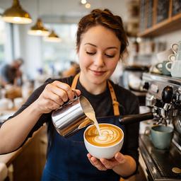 Emma creating a rosetta pattern in a cappuccino at the coffee bar