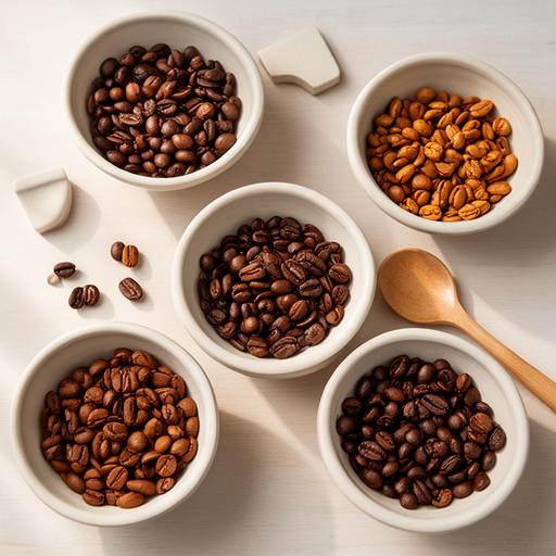 Seasonal single-origin coffee beans in labelled ceramic bowls