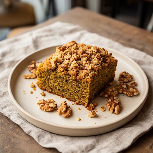 Slice of vegan banana bread with walnut crumble on a ceramic plate