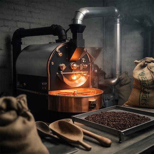 Small batch coffee roaster glowing inside a Salford micro-roastery