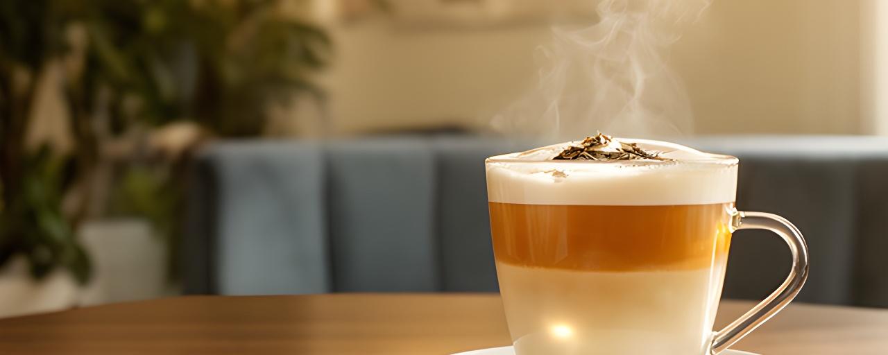 Earl Grey tea with vanilla and steamed milk in a glass cup on a café table